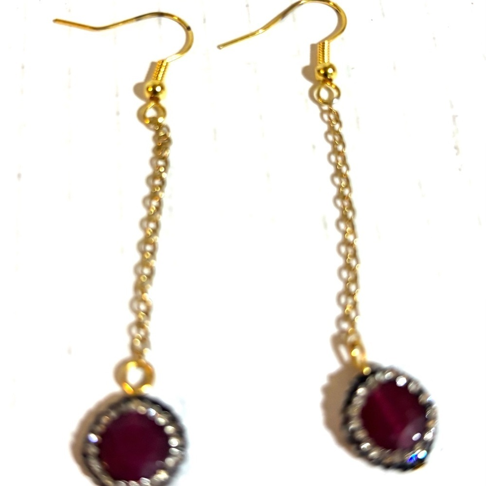 Gold Drop Earrings with Burgundy Gem Accents